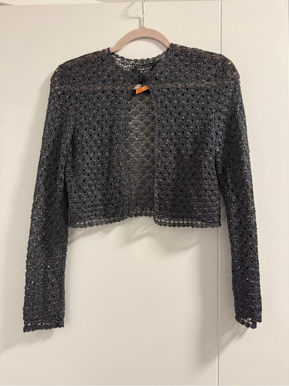 Carmen Marc Valvo gunmetal grey crochet lace crop cardigan small metallic luxury